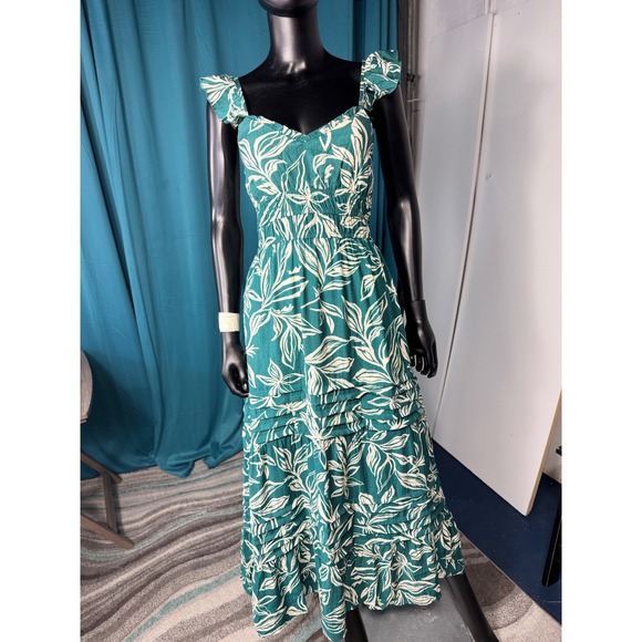 MAX + ASH Green Floral Ruffle Strap Tiered Maxi Dress Size S Summer - Picture 1 of 12